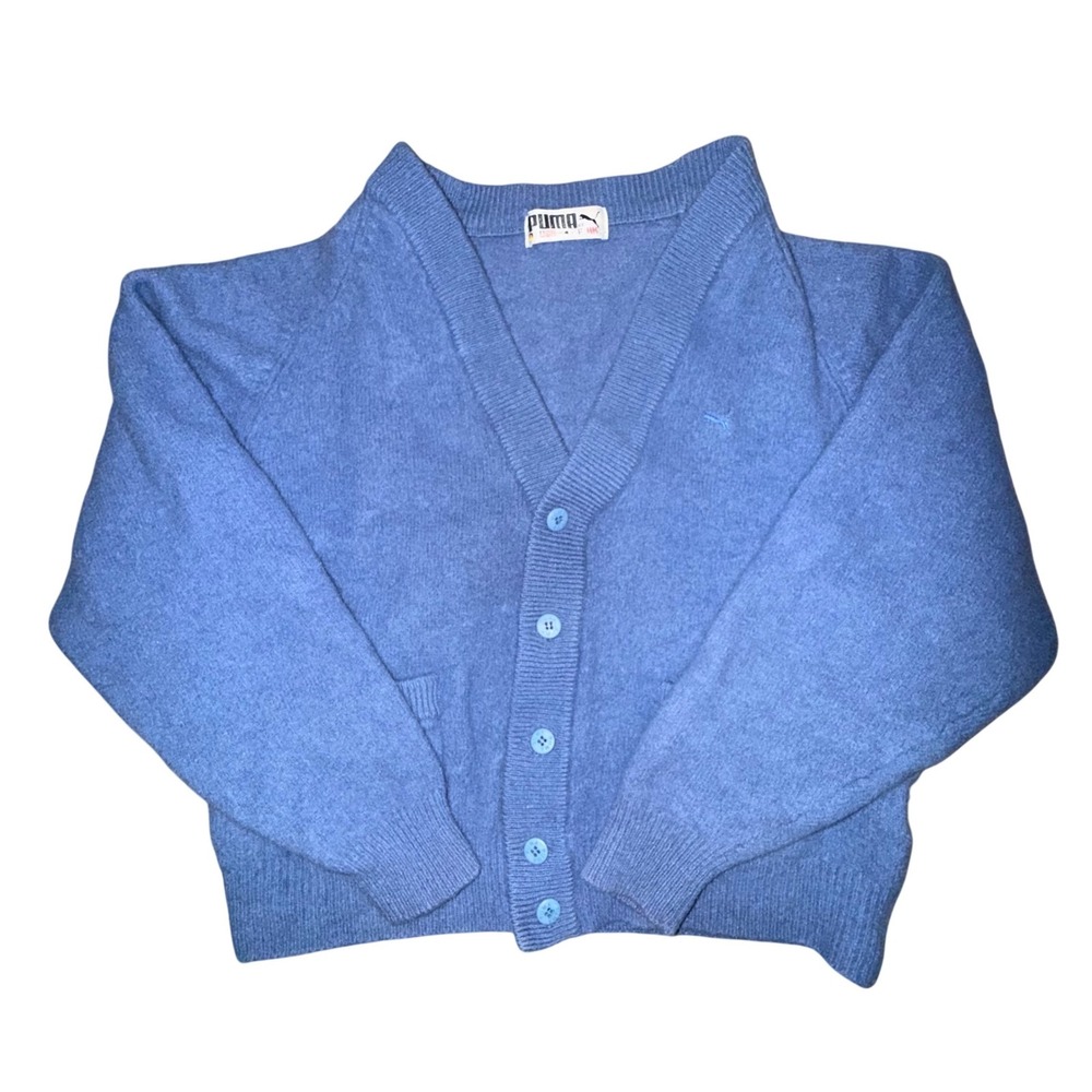 Vintage Puma Cardigan Sweater Blue 70s 80s Retro 100%โ Lambswool Sz 4/s?